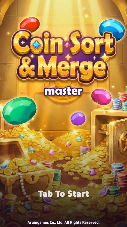 Coin Sort & Merge Master title screen with a treasure chest background and Tab to Start prompt