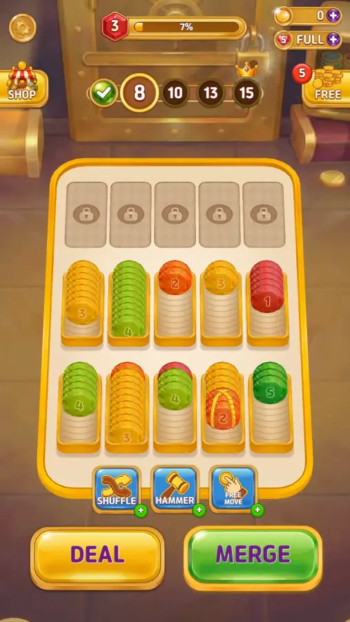 Coin Sort & Merge Master gameplay screenshot showing the coin tray with Deal and Merge buttons and a checklist strip