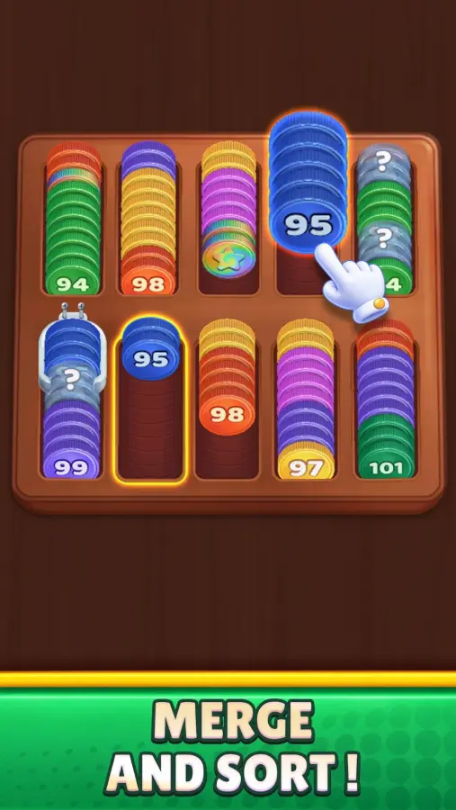 Coin Sort Merge Puzzle gameplay screenshot showing the wooden coin tray with a Merge and Sort banner