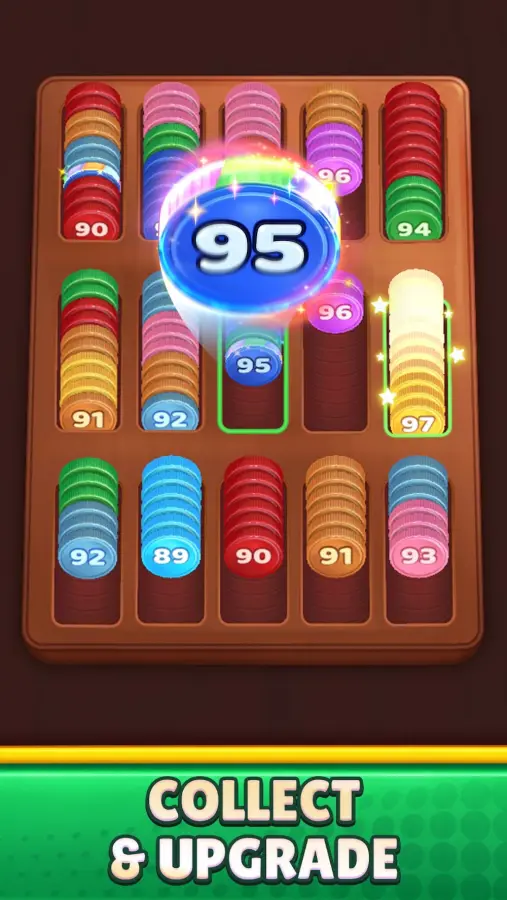 Coin Sort Merge Puzzle gameplay screenshot showing a glowing central merge animation surrounded by numbered coin stacks