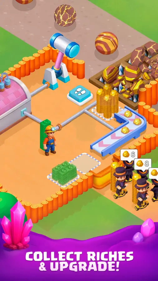 Drill&Chill gameplay screenshot showing the hammer crushing station and conveyor belt carrying gold nuggets