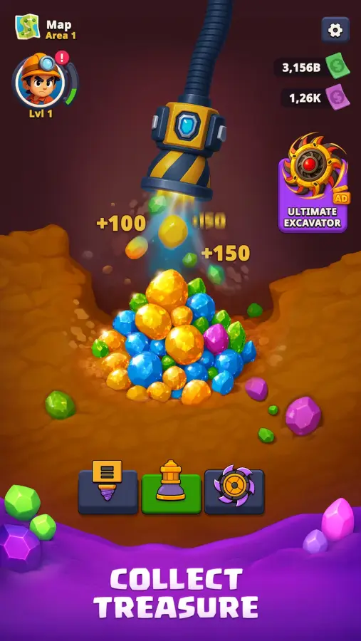 Drill&Chill gameplay screenshot showing a drill releasing coloured gems from the ground