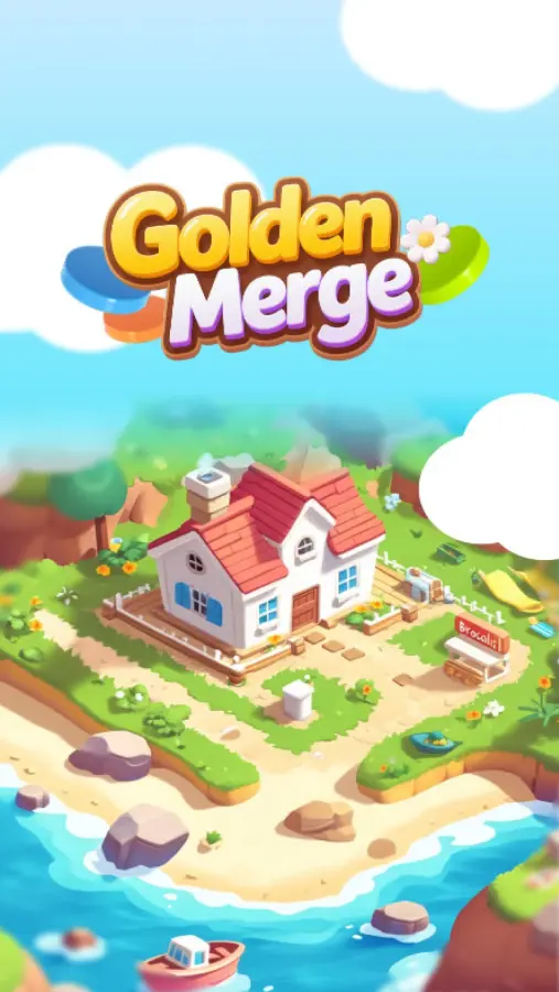 Golden Merge title screen showing a pastel coastal cottage scene with clouds and trees