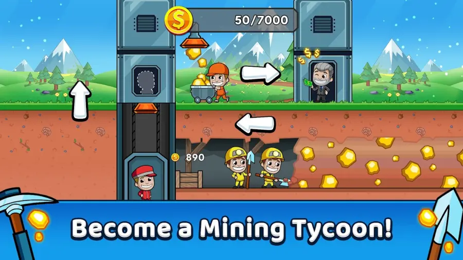 Idle Miner Tycoon: Gold Games gameplay screenshot showing the elevator shaft and a character running along a mountain background