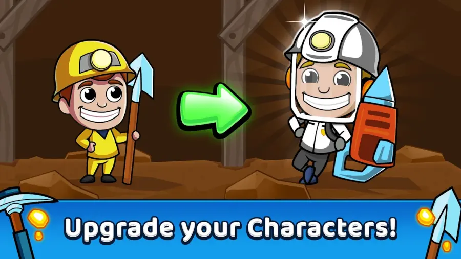 Idle Miner Tycoon: Gold Games gameplay screenshot showing character portraits with pickaxe and rocket upgrade icons