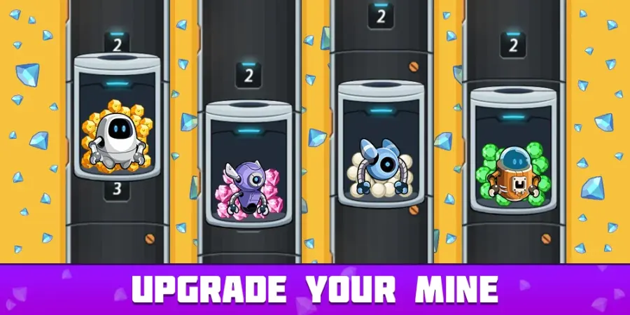 Idle Space Miner gameplay screenshot showing a row of glass capsule tanks with specimens