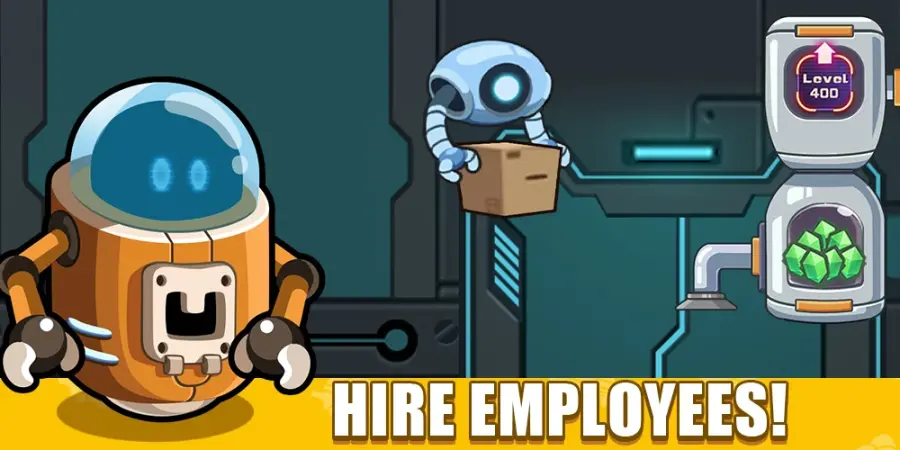 Idle Space Miner gameplay screenshot showing a robot worker carrying a crate on a conveyor