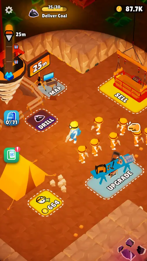 Mine Rush gameplay screenshot showing the DRILL, MAP and SELL zones on the mine floor