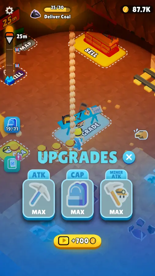 Mine Rush gameplay screenshot showing the upgrade panel with ATK, CAP and MINER ATK options