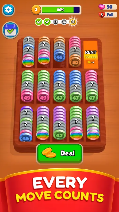Pocket Sort gameplay screenshot showing the five-column wooden tray with numbered coin stacks and a daily checklist