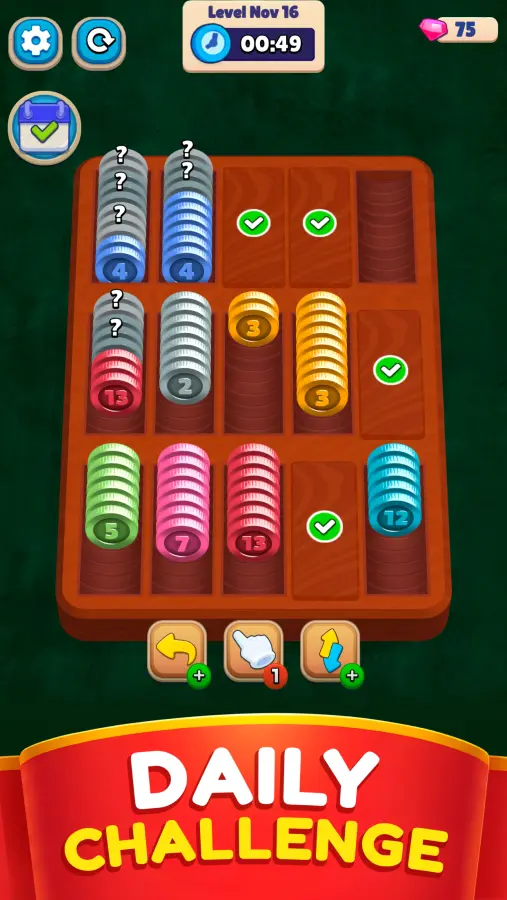 Pocket Sort gameplay screenshot showing the daily challenge board with a timer and coin stacks to sort